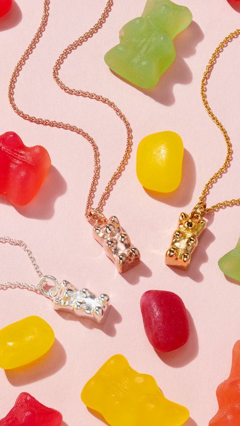 Gummy Bear Charm Necklace Gummy Bears Jewelry, Fun Jewelry Photography, Gummy Bear Jewelry, Pr Package, Posh Totty, Jewellery Photography Inspiration, Jewellery Photography, Summer Jewellery, Perfect Cute