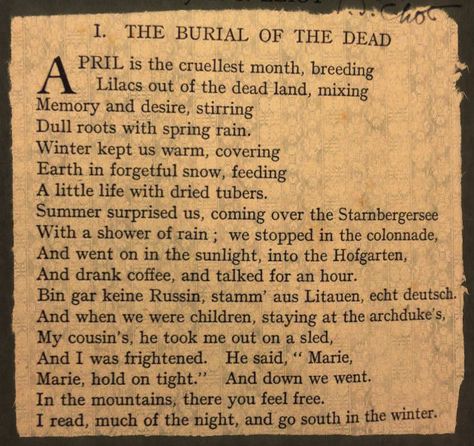 THE WASTE LAND 1. THE BURIAL OF THE DEAD - T. S. ELIOT The Waste Land Eliot, The Waste Land, Waste Land, Hollow Man, T S Eliot, Spring Rain, A Little Life, Literature Quotes, Poetry Quotes