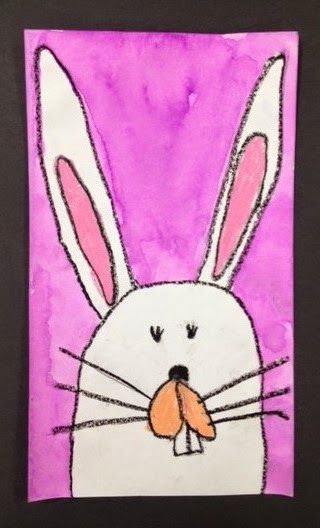 Here is a cute and simple little art activity my Grade 1/2 class did for Easter.   We did a directed drawing of these whimsical bunny rabbits on paper trimmed to 7 X 12.  Then we used oil pastels for Easter Art Lessons, Easter Art Project, Easter Kindergarten, Easter School, Spring Art Projects, Easter Preschool, Bunny Drawing, Easter Art, Art Pastel