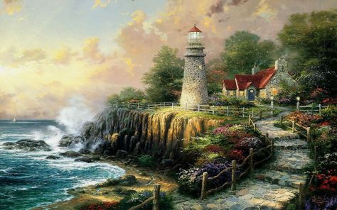 Thomas Kinkade Autumn Desktop Wallpapers - Top Free Thomas Kinkade Autumn Desktop Backgrounds - WallpaperAccess Thomas Kinkade Art, Thomas Kinkade Paintings, Thomas Kincaid, Peace Painting, Kinkade Paintings, Art Thomas, Lighthouse Painting, Lighthouse Art, Tableau Art