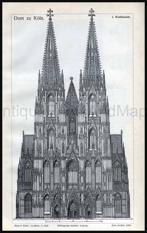 Architectural Drawing Cathedral of Cologne by AntiquePrintsAndMaps Drawing Cathedral, Plans Architecture, Gothic Cathedrals, Cathedral Architecture, Gothic Church, Sacred Architecture, Religious Architecture, Cologne Germany, Architectural Drawing