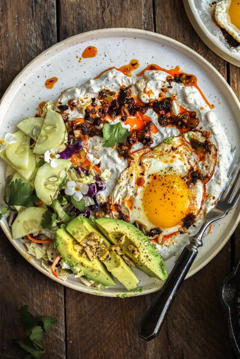 Turkish Eggs with Feta Yogurt and Garlic Chili Sauce Sauce Aesthetic, Croissants Breakfast, Garlic Herb Sauce, Garlic Chili Sauce, Greek Yogurt Breakfast, Turkish Eggs, Creamy Feta, Yogurt Breakfast, Greek Yogurt Recipes