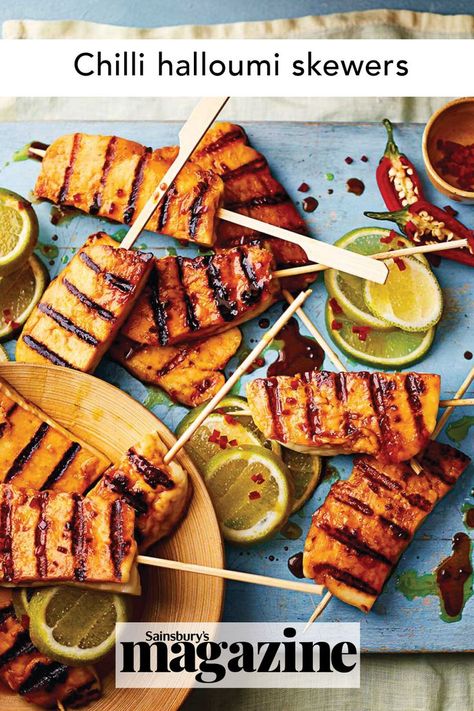 Chilli and lime halloumi skewers Halloumi Skewers, Halloumi Recipes, Haloumi Recipes, Bbq Veggies, Vegetarian Grilling, Vegetarian Bbq, Barbeque Recipes, Grilled Halloumi, Bbq Skewers