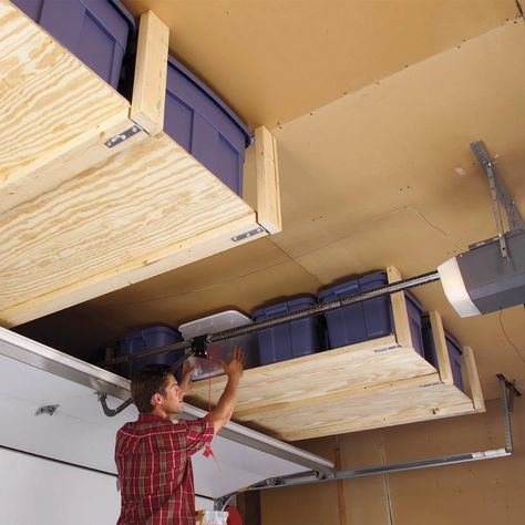 24 Cheap Garage Storage Projects You Can DIY | Family Handyman Rifacimento Garage, Wooden Garage Shelves, Hanging Garage Shelves, Easy Garage Storage, Garage Ceiling Storage, Garage Ceiling, Ceiling Shelves, Garage Shelves, Overhead Garage Storage