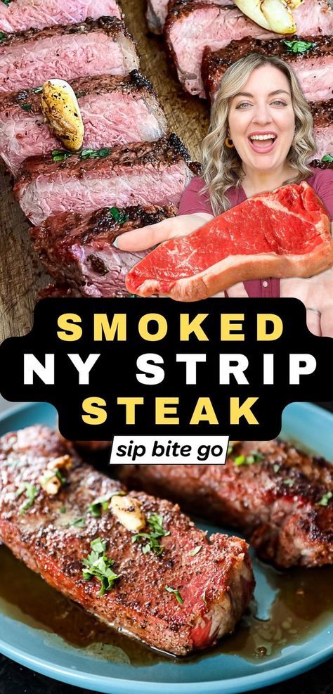 Traeger smoked NY strip recipe photos medium rare with text overlay and Sip Bite Go food blogger Tender Steak Recipe, New York Steak Recipe, Ny Strip Steak Recipes, Striploin Steak, Ny Steak, Asian Marinade, Beef Loin, Strip Steak Recipe, New York Strip Steak