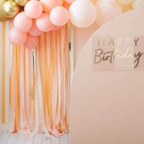 Add a touch of shimmer to your Party Backdrop! Each pack includes 150m of streamers in a variety of peach and gold colours. These simple Gold and Simple Party Backdrop, Gold Streamers, Peach Party Decorations, One Sweet Peach, Party Streamer, Crepe Streamers, Hen Party Decorations, Peach Baby Shower, Streamer Backdrop