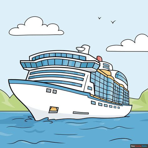 Learn How to Draw a Cruise Ship: Easy Step-by-Step Drawing Tutorial for Kids and Beginners. See the full tutorial at https://easydrawingguides.com/how-to-draw-a-cruise-ship/ . Cruise Ship Drawing, Cruise Drawing, Cruise Illustration, Cartoon School Bus, Spaceship Drawing, Cartoon Spaceship, Cruise Ship Pictures, Castle Drawing, Easy Drawing Tutorial