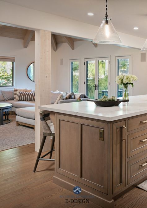 Whitewash Ceiling, Tudor Kitchen Remodel, Oak Kitchens, Kylie M Interiors, Island Cabinets, Warm Neutral Paint Colors, Tudor Kitchen, Red Oak Floors, Pool Table Room