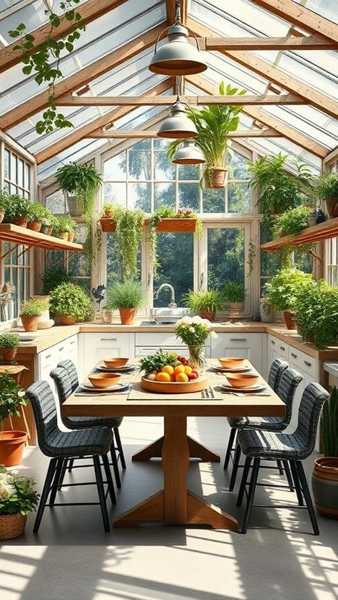 How Can a Greenhouse Kitchen Transform Your Home? Greenhouse Interiors Layout, Green House Kitchen, Greenhouse Dining Room, Greenhouse Dining, Kitchen Greenhouse, Greenhouse Kitchen, Greenhouse Home, Greenhouse Interiors, Home And Decor