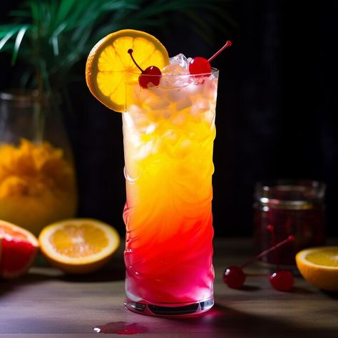 Photo vibrant tequila sunrise cocktail i... | Premium Photo #Freepik #photo Vodka Red Bull, Vodka Red, Tequila Sunrise Cocktail, Sunrise Cocktail, Cherry Drink, Easy To Make Cocktails, Cherry Cocktail, Pineapple Slices, Lime Soda