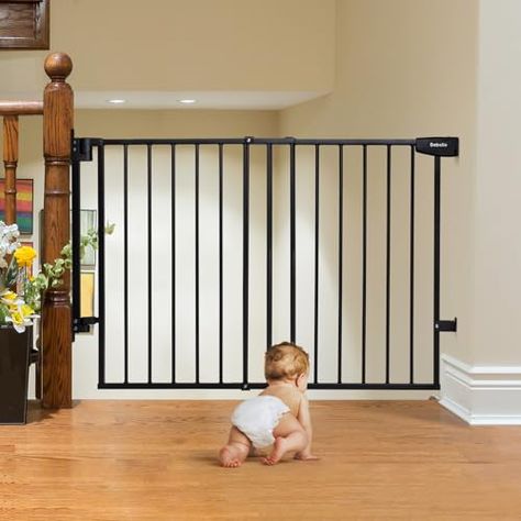 Babelio 29.7-46.5" No Bottom Bar Baby Gate for Stairs, Safety Pet Gates with Large Walk Thru Door, Hardware Mount Dog Gate for The House and Doorways, Black Gate For Stairs, Baby Gate For Stairs, Pet Gates, Baby Gate, Baby Gates, Dog Gate, Pet Gate, Baby Care, Door Hardware