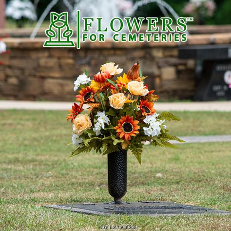 Honor the memory of your loved one with this beautiful silk flower arrangement that is created using auburn sunflowers, creamy yellow roses, white hydrangeas, and fall foliage. The arrangement stands at 23 inches tall. This flower arrangement is thoughtfully designed by our team and assembled with our patented Stay-in-the-Vase Design, which we firmly attach to the bottom of the arrangement.  Our Stay-in-the-Vase Design guarantees a snug fit in standard bronze cemetery vases, eliminating the need for trimming foam or making adjustments. Simply place the arrangement in the cemetery vase, and rest assured that it will stay beautifully intact, providing a lasting tribute without the hassle. Each arrangement is created using high-quality silk flowers. The blooms are treated with ultraviolet (UV Sunflower Cream, Flowers For Cemetery, Fall Cemetery, Cemetery Vases, Thanksgiving Flowers, Grave Flowers, Cemetery Decorations, White Hydrangeas, Fall Flower Arrangements