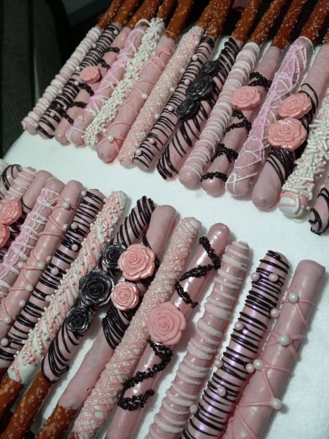 Pink And Gold Chocolate Covered Pretzels, Gold Chocolate Covered Pretzels, Covered Pretzel Sticks, Chocolate Covered Pretzel Sticks, Chocolate Business, Covered Pretzel Rods, Chocolate Covered Pretzel, Chocolate Covered Pretzel Rods, Birthday Snacks