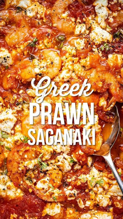 Make this prawn saganaki recipe and pretend you are on a Greek island… Delicious prawns in a rich tomato sauce flecked with salty, melty feta cheese. Serve as shared appetiser or over rice as a main course. Greek Seafood Recipes, Saganaki Cheese Recipe, Saganaki Shrimp, Prawn Saganaki, Shrimp Saganaki, Saganaki Recipe, Greek Night, Greek Dinner, Russian Salad