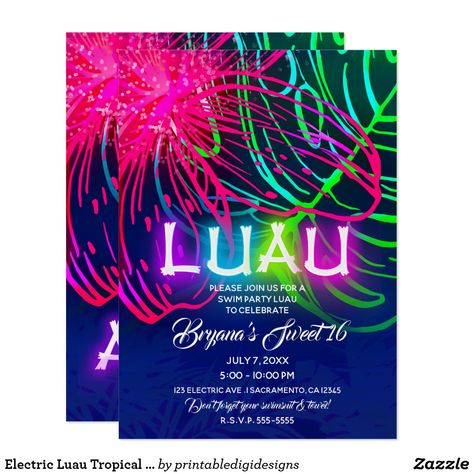 Electric Luau Tropical Night Neon Aloha Party Invitation customize for any event Sweet 16 Pool Parties, Neon Pool Parties, Neon Party Invitations, Project Graduation, Luau Bridal Shower, Pool Birthday Invitations, Teen Birthday Invitations, Tropical Night, 16 Invitations