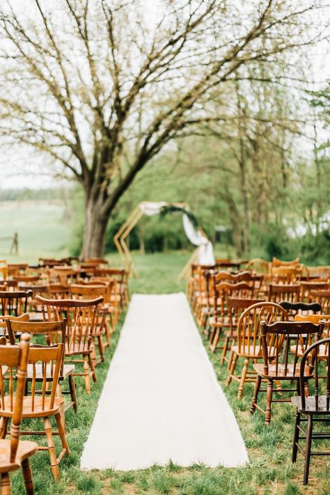 Mixed Chairs Wedding, Mismatched Wooden Chairs Wedding, Wooden Chairs Wedding Ceremony, Mismatched Chairs Wedding, Wooden Chair Wedding, Outdoor Wedding Chairs, Mix Match Chairs, Farm Wedding Ceremony, Wedding Ceremony Chairs