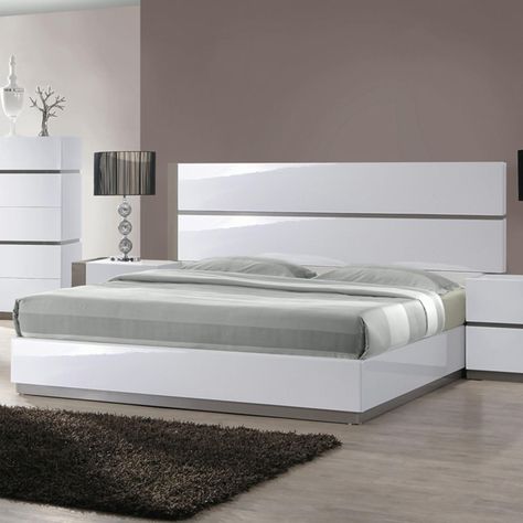 Sleek modern styleMade of medium density fiberboard plywood solid woodGloss white grey finishNo box spring requiredHeadboard height: 44.29 inchesAvailable in your choice of size. Even those with the most modern sensibilities are blown away by the amazing style of the Manila Platform Bed. Durable construction and sleek contemporary shapes make this the ultimate focal point in your bedroom. Its stunning gloss white and grey finish provides an industrial chic quality you'll love. Size: King - CTY69 Platform Bedroom Sets, Modern Platform Bed, Bed King, King Platform Bed, Queen Panel Beds, Bookshelf Design, Grey Bedding, Bedroom Collection, Upholstered Platform Bed