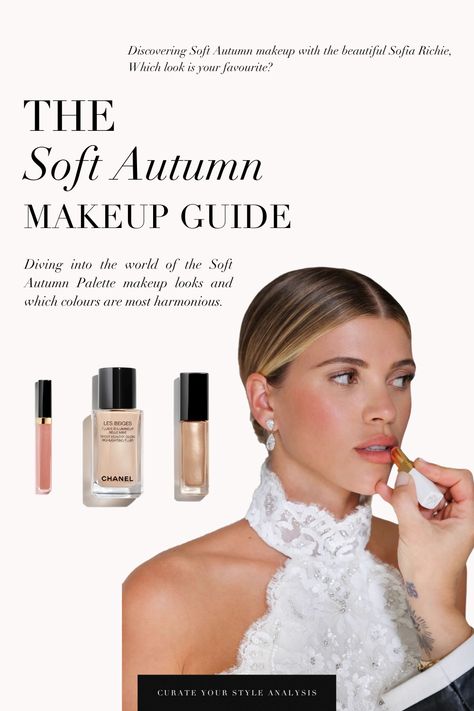 The Soft Autumn makeup guide with the beautiful Sofia Richie as an example 🤍 . #coloranalysis #colouranalysis #softautumn #autumnpalette #sofiarichie #sofiarichiestyle Blush For Soft Autumn, Soft Autumn Makeup Tutorial, Soft Autumn Foundation, Autumn Soft Palette, Soft Classic Soft Autumn, Soft Autumn Drugstore Makeup, Soft Autumn Skin Tone, Soft Autumn Wedding Makeup, Soft Autumn Examples