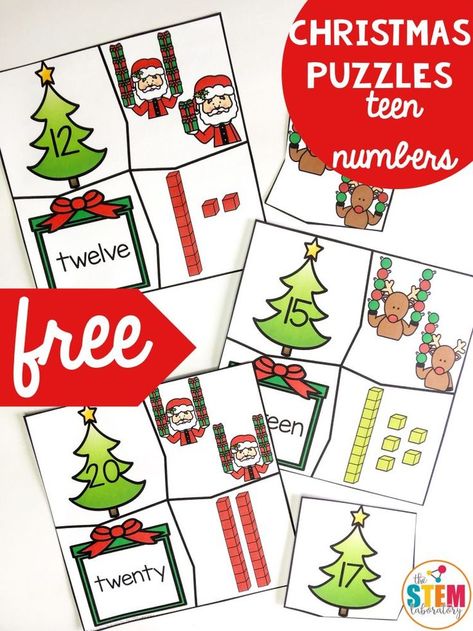 Tackle tricky teens with a batch of festive holiday puzzles! Teen numbers can be tricky for kids, but this set of Christmas themed puzzles makes working with numbers 11-20 fun! Students will match the number, the word form, the number in base ten blocks, and the number of ornaments (held by a reindeer, of course). It makes a perfect December math center for kindergarten or first grade! #christmasactivities #numberpuzzles #teennumbers Christmas Teen Numbers Kindergarten, Christmas Number Recognition Activities, Christmas Maths Year 1, December Centers Kindergarten, Christmas Math Centers Kindergarten, Kindergarten Christmas Centers, Christmas Kindergarten Centers, Christmas Math Kindergarten, Penguin Puppet