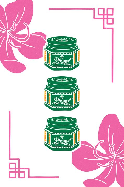 Illustration with three tiger balm jars in green framed  by pink cassia flowers and Chinese ornaments. Tiger Balm Illustration, Asian Family, Chinese Posters, Tiger Balm, Printable Poster, Posters Printable, Digital Printables, Painting Inspiration, The Pink