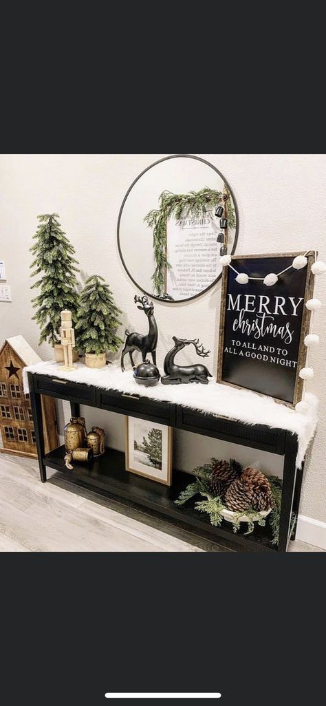 Black Console Table Christmas Decor, Entryway Christmas Decor Entry Tables, Christmas Entryway Table, Christmas Entryway Table Decor, Table Christmas Decor, Black Christmas Decorations, Christmas Dining Table Decor, Christmas Entryway, Black Console Table