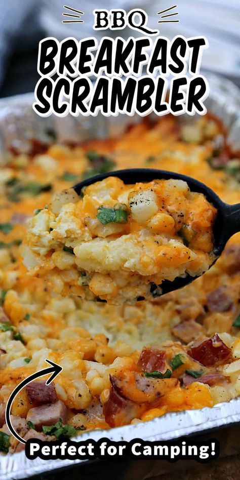 This BBQ BREAKFAST SCRAMBLER recipe is easy and delicious. A great one-pan meal made on the barbecue or on the campfire. Camping recipe, BBQ - just cook outdoors! Boost your breakfast or brunch with this simple hearty meal! Bbq Breakfast, Camp Cooking Recipes, Easy Camping Breakfast, Campfire Breakfast, Camping Meal Planning, Camping Breakfast, Camping Dinners, Easy Camping Meals, Hearty Meal