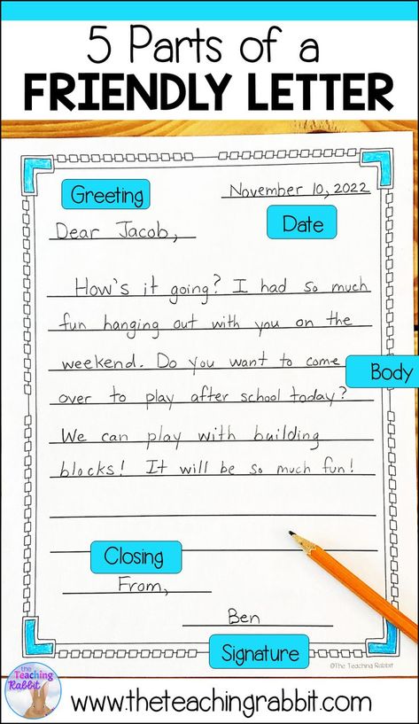 Are you teaching letter writing to your 1st & 2nd grade students? Check out these prompts and activities to help introduce the 5 parts of the friendly letter! This packet includes a writing checklist, teacher/student response activities, writing papers, and a rubric for easy marking! Great for your primary writing center! Letter Writing Activities 2nd Grade, Letter Writing Activity, Friendly Letter Writing Examples, Friendly Letter Writing Activities, How To Write A Letter, Writing A Friendly Letter, Parts Of A Friendly Letter, Parts Of A Letter, Letter Writing For Kids