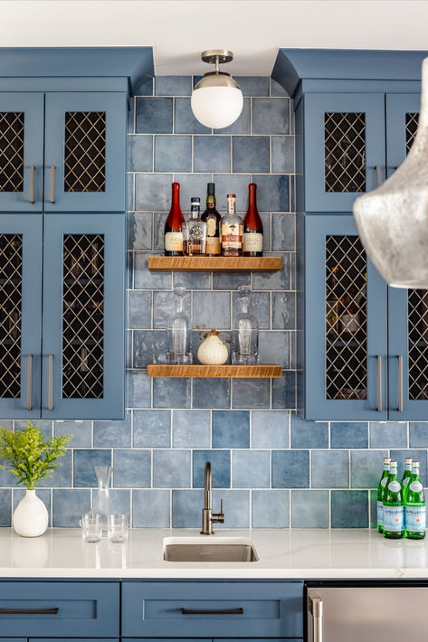 Light it Up: Kitchen Lighting Trends for 2025 | The Scout Guide Wet Bar Lighting, Blue And Red Kitchen, Removing Walls, Kitchen Wet Bar, Bourbon Room, Scout Guide, Zellige Tile, The Scout, Wet Bars