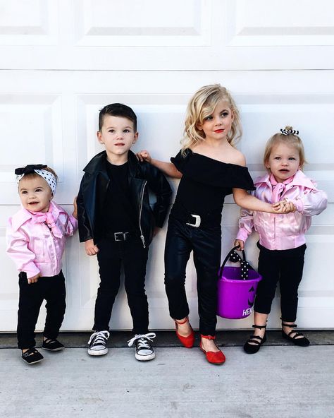 Halloween, Grease, Grease Lightning, Danny & Sandy, pink ladies | krista.horton Grease Costumes For Kids, Kids 50s Costume, Sandy Grease Costume, Grease Halloween Costumes, Sibling Costumes, Pink Lady Costume, Grease Lightning, Sibling Halloween Costumes, Krista Horton