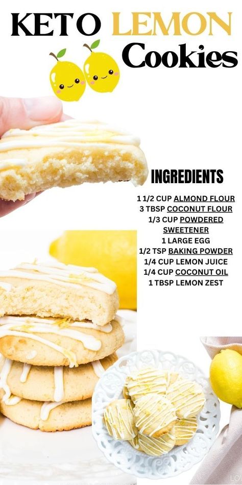 These keto lemon cookies are soft inside, crispy outside, and full of lemon flavor. Drizzle them with a lemon glaze for extra yum! If you like lemon and springtime, these cookies are just right—not too tart, but nice and tangy. They're like soft sugar cookies with a lemony twist, perfect for sharing. And they're low-carb, with only 1 gram of net carbs per cookie, which is great if you're watching your carbs. Keto Lemon Glaze, Keto Lemon Cookies, Baked Lemon Chicken, Sugar Free Cheesecake, Keto Cookie Recipes, Lemon Frosting, Paleo Cookies, Sugar Free Cookies, Keto Friendly Desserts