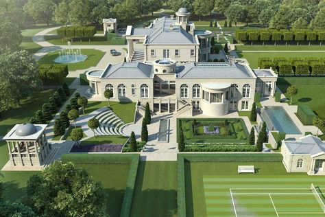 Artist impression of the outside amphitheater and tennis court at Windlesham House Mansion Homes, Surrey England, England Homes, Dream Mansion, Mega Mansions, Mansions For Sale, Fancy Houses, Modern Mansion, Expensive Houses