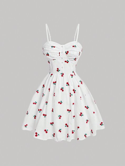 SHEIN MOD Cherry Embroidery Spaghetti Strap DressI discovered amazing products on SHEIN.com, come check them out! Cute Cherry Dress, Pretty Sun Dresses, White Cherry Dress, Cherry Inspired Outfit, Embroidery Outfits, Sinful Clothing, Cute Sundresses, Shein Clothes, Vestido Shein