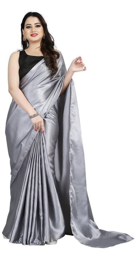 Grey Satin Saree, Saree Amazon, Contrast Saree, Plain Sarees, Satin Dressing Gown, Combination Dresses, Cloth Hanger, Half Saree Lehenga, Stylish Actresses