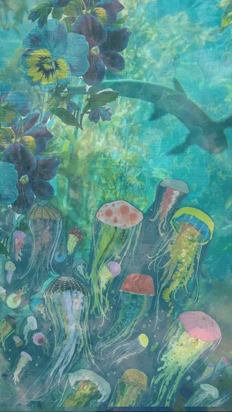 Sharks, Marine Life, Jellyfish, Water, Flowers, Art