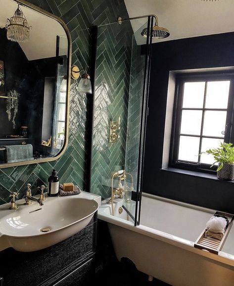 Green Herringbone Tile Bathroom, Herringbone Tile Bathroom, Dark Green Bathrooms, Spa Style Bathroom, Green Tile Bathroom, Spa Style, Style Bathroom, Bathroom Inspiration Decor, Green Bathroom