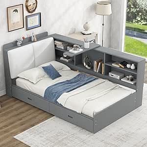 Platform Bed With Dresser Underneath, Headboard Shelves, Upholstery Headboard, Bed With Storage Headboard, Wooden Daybed, Sofa Bed Frame, Headboard With Shelves, Bookcase Bed, Storage Headboard