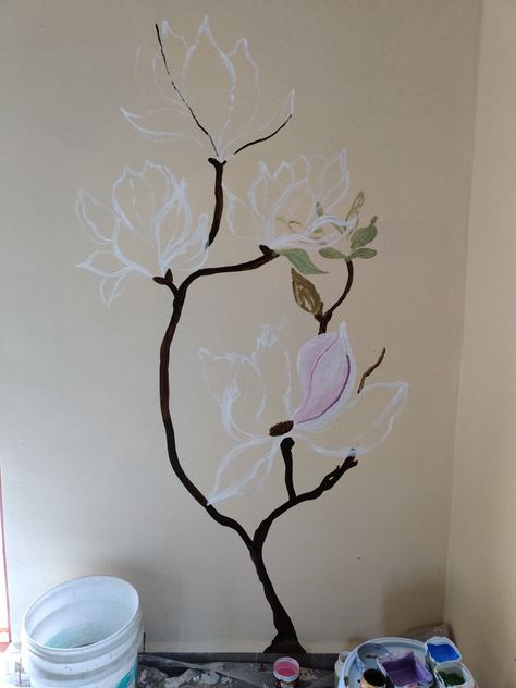 DIY Wall Mural #Magnolia Magnolia Mural, Diy Wall Mural, Wall Murals Diy, Magnolia Branch, Tree Wall Murals, Plant Book, Magnolia Flowers, Abstract Art Diy, Wall Paint Designs