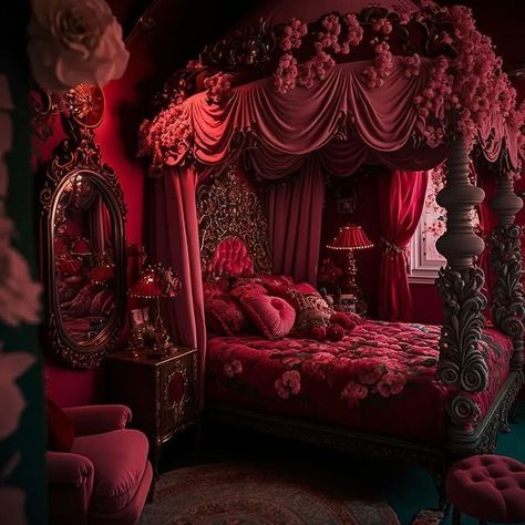 Whimsigothic Home Bedroom, Whimsigothic Home, Dark Home Decor, Red Room, Princess Core, Bedroom Red, Chic Bohemian, Cheryl Blossom, Red Rooms