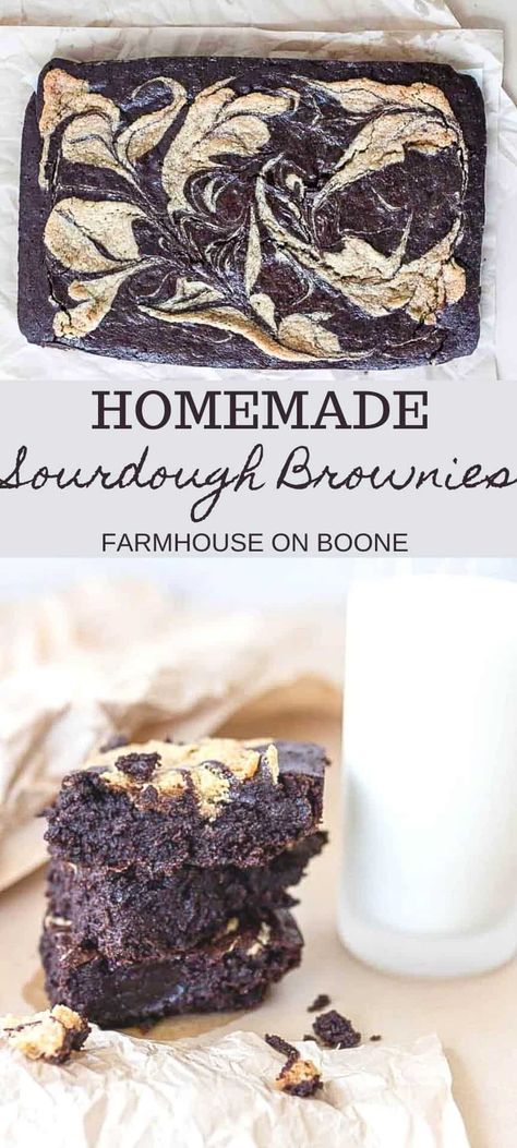 Sourdough brownies are chocolatey and fudgy, with a signature sourdough kick. Tahini ribbons are swirled through the brownie batter, yielding an irresistible dessert. Whip them up in an afternoon or long ferment them overnight! #farmhouseonboone #sourdough #sourdoughbrownies #brownies Sourdough Sweets, Sourdough Desserts, Sourdough Brownies, Farmhouse On Boone, Recipe Using Sourdough Starter, Einkorn Recipes, Discard Recipe, Sourdough Starter Discard Recipe, Homemade Sourdough Bread