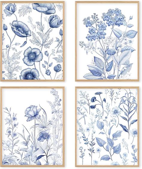 Amazon.com: Boat Wades Blue And White Chinoiserie Wall Art Poster,Chinoiserie Wall Art Flower Prints,Blue Floral Posters For Home Bathroom Decorations,Chinoiserie Wall Art 8x10 Set Of 4: Posters & Prints Blue And White China Bathroom, Dusty Blue Board And Batten Wall, Navy Blue Wall Art Bedroom, Blue House Theme, Blue Guest Bathroom, Bathroom Pictures Wall Art Ideas, Navy Blue Wall Decor, Navy Blue Bathroom Decor, Artwork For Bathroom