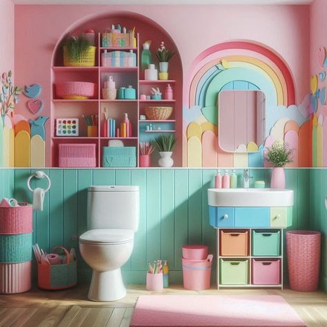 Colorful Bathroom Colorful Bathroom Design, Rainbow Tile Bathroom, Pastel Rainbow Bathroom, Fun Kids Bathroom Bohemian, Colorful Kids Bathroom Overstock, Kids Hair Salon, Colored Sinks, Bright Paint Colors, Bold Tile