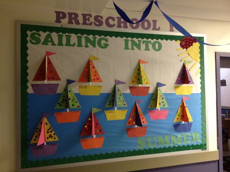 Preschool Sailboats/Ocean Summer Theme Sailboat Bulletin Board Ideas, Sailing Bulletin Board, Welcome Aboard Bulletin Board, Sailing Into Summer Bulletin Board, Nautical Bulletin Boards Back To School, Nautical Classroom Theme Bulletin Boards, Birthday Boards Classroom Preschool, Door Bulletin Boards, Birthday Board Classroom