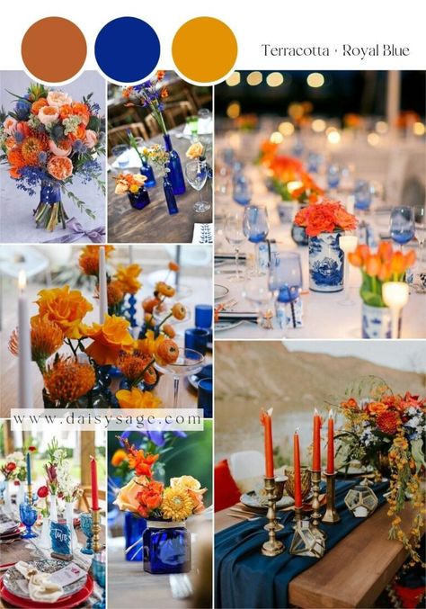 Royal Blue Fall Wedding, Terracotta And Blue Wedding, Wedding 2024 Trends, Royal Blue And Orange Wedding, Wedding Color Theme Ideas, Wedding Color Royal Blue, Terracotta Wedding Color, Blue Wedding Colour Theme, Blue Color Palette Wedding