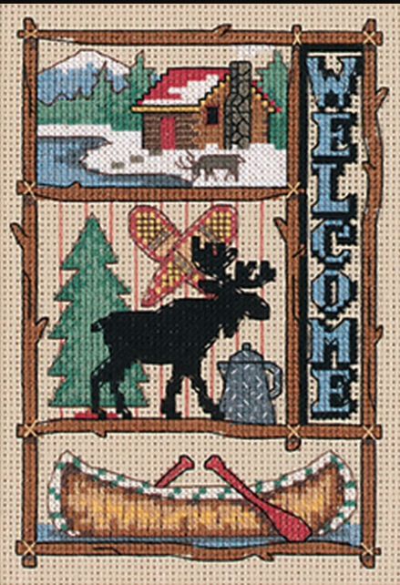 Moose and cabin counted cross stitch by Jiffy Cross Stitch Moose Pattern, Cabin Cross Stitch, Cross Stitch Camping, Rustic Cross, Cross Stitch Landscape, Cross Stitch Needles, Plastic Canvas Patterns Free, Cross Stitch Animals, Cross Stitch Samplers