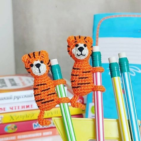 Crochet Tiny Tiger Pencil Topper Pattern For Wildlife Enthusiasts Crochet Pencil, Pen Toppers, Pencil Toppers, Crochet Christmas Ornaments, Christmas Ornament Pattern, Yarn Tail, Pattern Store, Shawl Crochet Pattern, Crochet Instructions