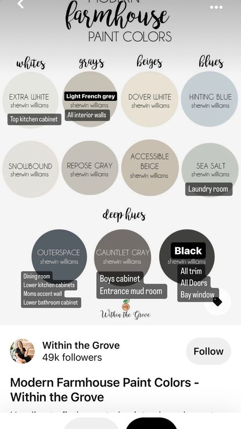 Modern Farmhouse Paint Colors, Home Paint Color, Farmhouse Paint Colors, House Paint Interior, House Color Palettes, Interior House Colors, Farmhouse Paint, Farm House Colors, Paint Color Schemes