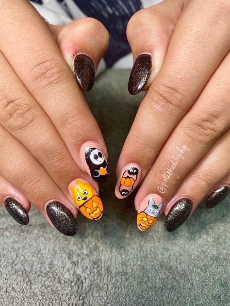 Studio Ghibli Halloween Nails, Studio Ghibli Halloween, Studio Ghibli Nail Art, Studio Ghibli Nails, Ghibli Nails, Ghibli Characters, Kids Nails, Studio Ghibli Characters, Anime Nails