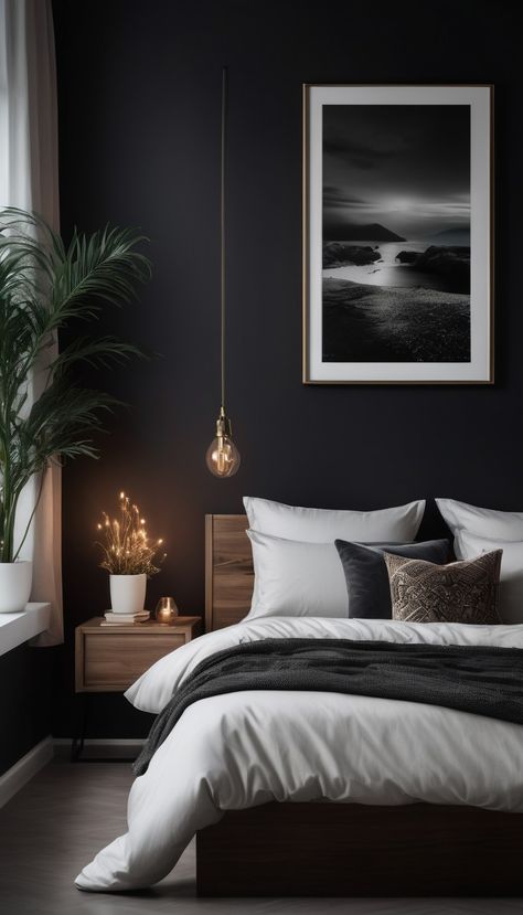 Hyperrealism dark interior of a boho design bedroom with bed and modern minimalistic wall art Dark Minimalist Bedroom, Dark Modern Bedroom, Dark Minimalist, Black And White Bedroom, Masculine Bedroom, Black Bedroom, Bedroom Tips, Bedroom Black, Bedroom Layouts