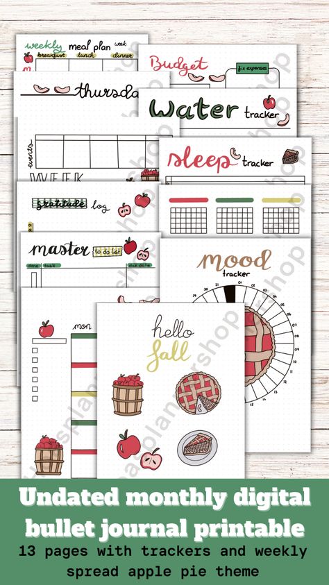 This is a undated digital bullet journal monthly printable bundle with 13 pages and an apple pie theme perfect for the fall and apple season. This bujo planner has an automn aesthetic with the apple and pie doodles. This is a digital bullet journal planner that can be used digitally on goodnotes or printed for yourself. This bundle doesn't have any dates and can be used for any months. It also has everything you will need in the month with calendar, to do list, trackers and weekly spreads. Apple Bullet Journal Theme, Calendar To Do List, Boulet Journal, Bullet Journal Monthly, Digital Bullet Journal, Bullet Journal Monthly Spread, Colorful Planner, Monthly Printable, Bujo Planner