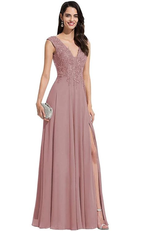 Pin on Products Dusty Rose Bridesmaid Dresses, Dresses V Neck, Floral Prom Dresses, Long Formal Gowns, Maid Of Honour Dresses, Prom Dresses With Pockets, Mother Of Groom Dresses, Long Prom Gowns, Chiffon Bridesmaid Dresses